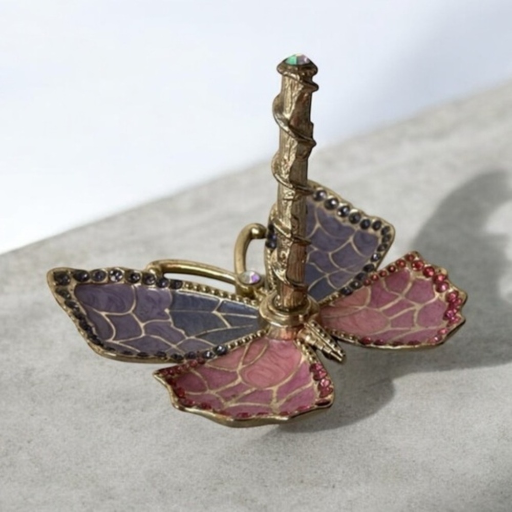 Pink purple Enamel and Gold Plated Butterfly Jewelry Ring Holder w/ Crystals